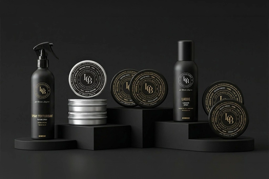 Collection complète LCB Barber Essentials exposée sur podium